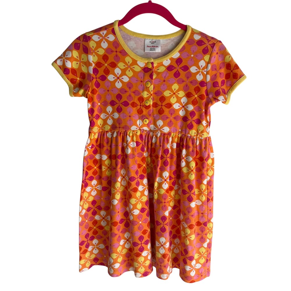 HANNA ANDERSSON Orange, Pink,Yellow Geometric Girls Short Sleeve Play Dress, 6/7